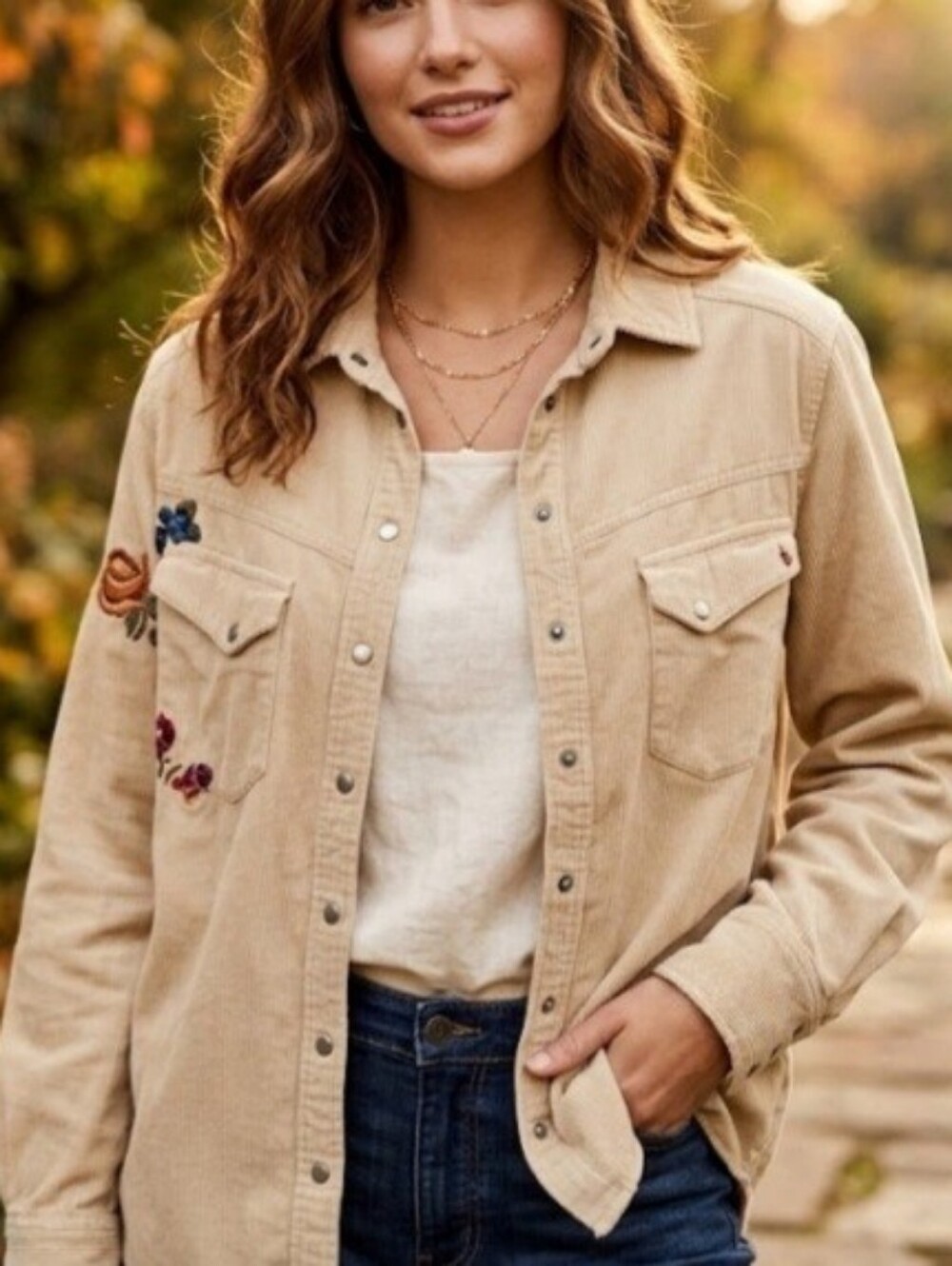 Free People Tan Corduroy Embroidered Womens Jacket Button Down Western Shaket M